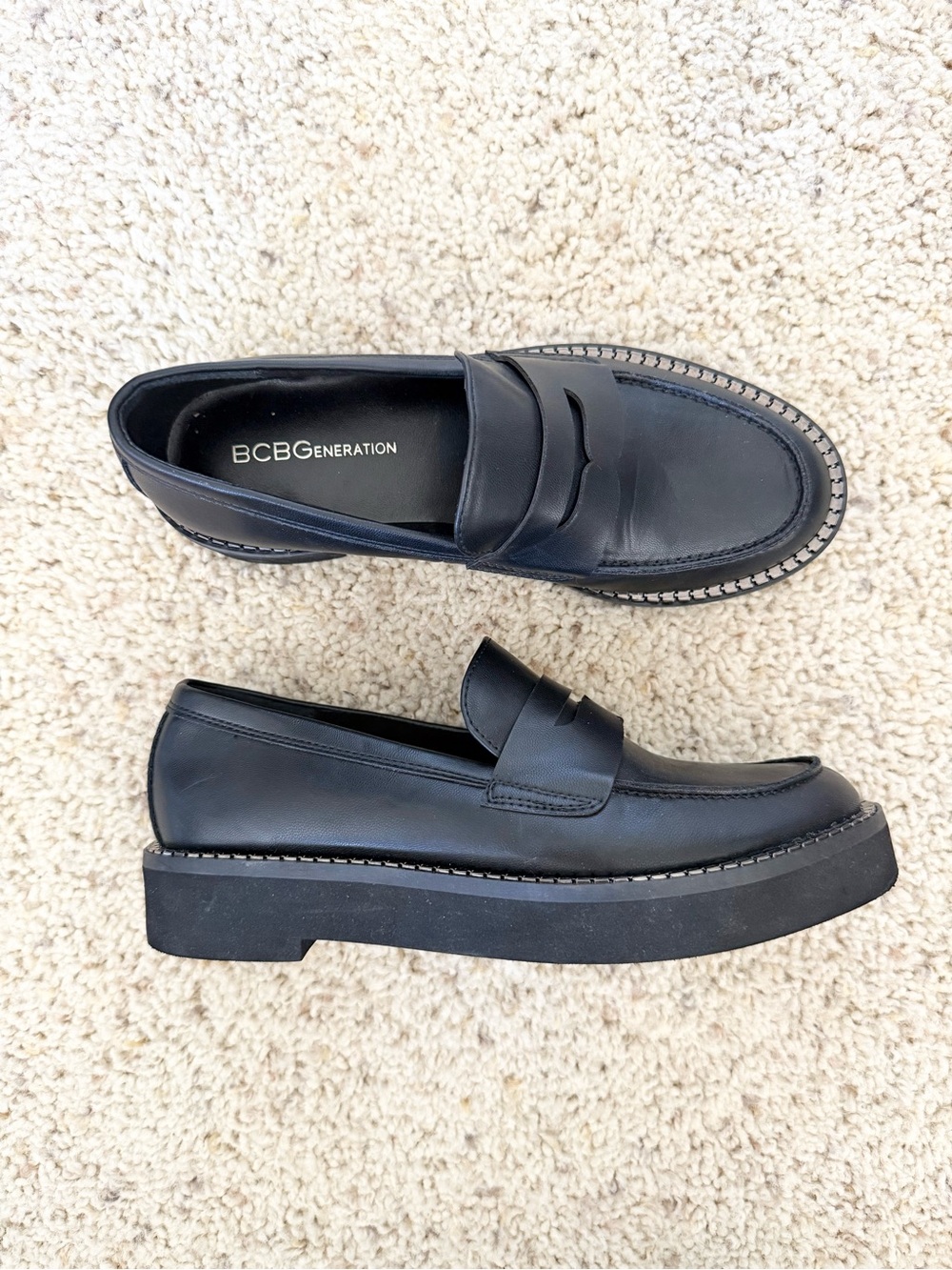 BCBGeneration Black Leather Platform Penny Loafers